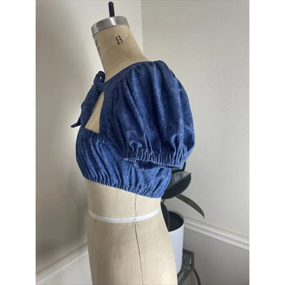 We Wore What Womans Medium Blue Bikini Lily Swim Top Dark Wash Denim Texture - Picture 4 of 8